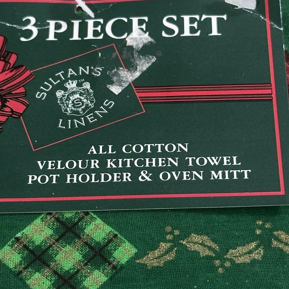 VTG Sultans Linens‎ Cotton Christmas Poinsettias Green Kitchen Towel Oven Mitt